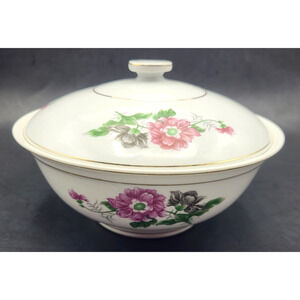 Vintage Porcelain Bowl White Pink Flowers Gilt Trim with Lid 8x5"